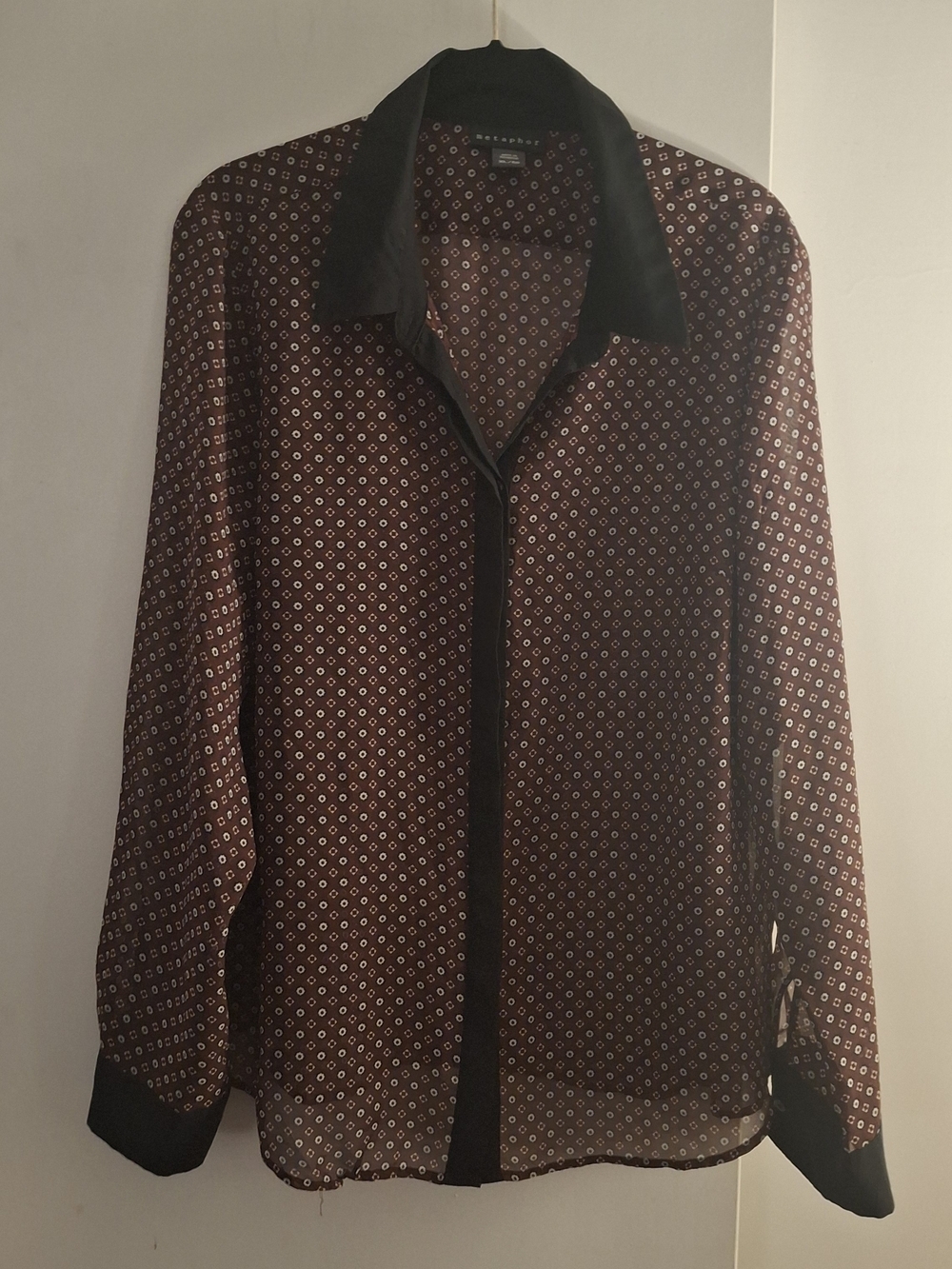 Metaphor Women's Maroon Geometric Sheer Button-Up Blouse with Black Trim